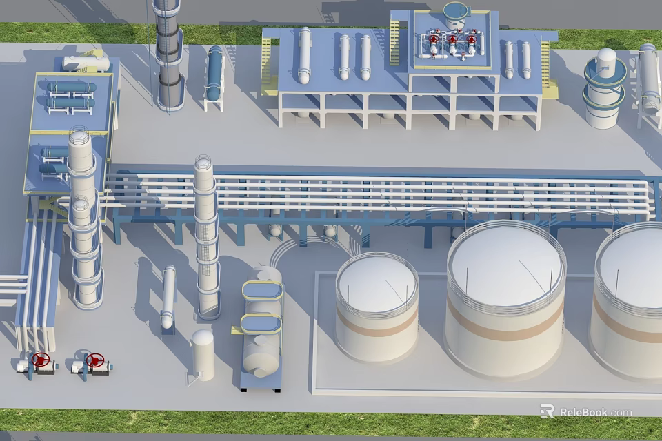Industrial Equipment Layout Featuring Large Storage Tanks Towers Piping Systems And Platform Structures 3d model 