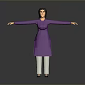 3D Rendered Woman In Purple Dress And White Pants With Arms Outstretched On Gray Background