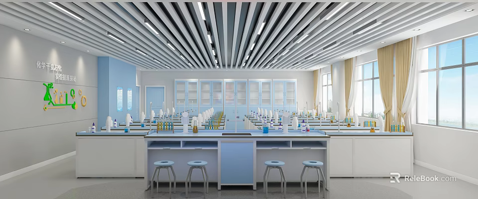 Modern Laboratory Interior With Lab Benches Scientific Instruments Windows And Ceiling Lights 3d model 
