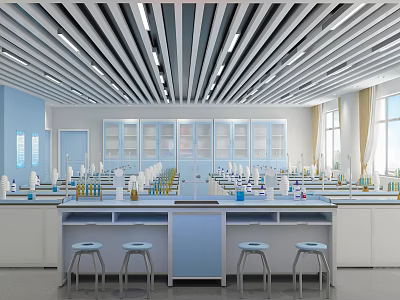 Modern Laboratory Interior With Lab Benches Scientific Instruments Windows And Ceiling Lights 3d model