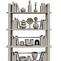 Modern Wooden Bookshelf With Multiple Open Shelves Books And Decorative Sculptures