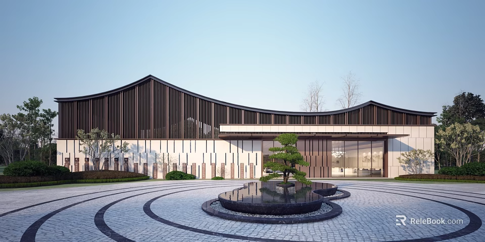 Modern Building With Curved Roof Wooden White Facade And Circular Courtyard Stone Path Fountain 3d model 