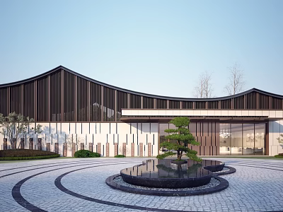 Modern Building With Curved Roof Wooden White Facade And Circular Courtyard Stone Path Fountain 3d model