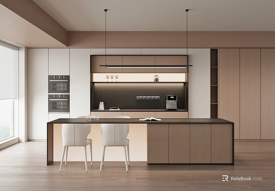 Modern Restaurant Kitchen With Light Wood Cabinets And Black Countertop 3d model 