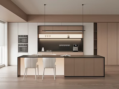 Modern Restaurant Kitchen With Light Wood Cabinets And Black Countertop 3d model