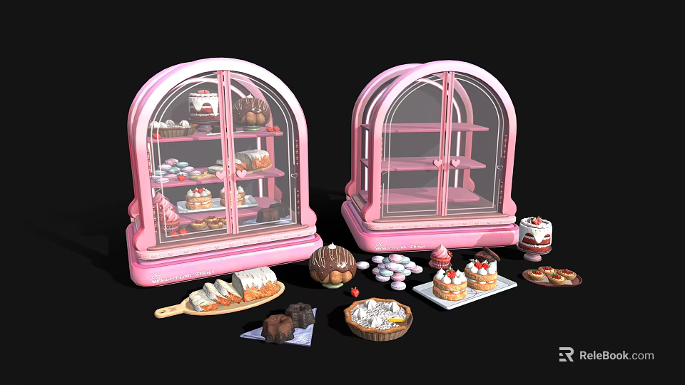 Two Pink Glass Display Cases Filled With Cakes Cookies Chocolates And Pastries 3d model 
