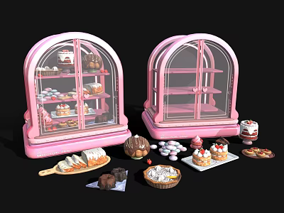 Two Pink Glass Display Cases Filled With Cakes Cookies Chocolates And Pastries 3d model