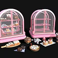 Two Pink Glass Display Cases Filled With Cakes Cookies Chocolates And Pastries