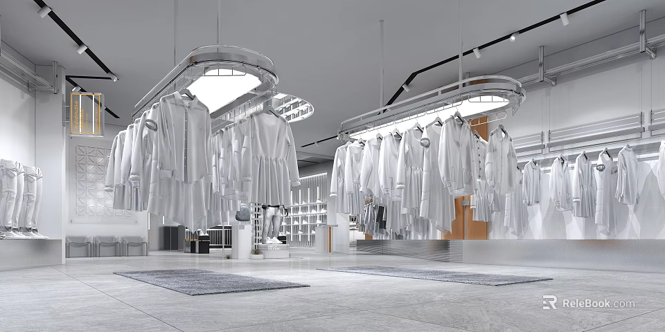 Modern Bright Clothing Store Interior With Hanging White Apparel And Metal Racks 3d model 
