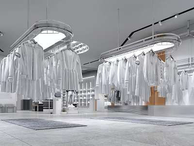 Modern Bright Clothing Store Interior With Hanging White Apparel And Metal Racks 3d model