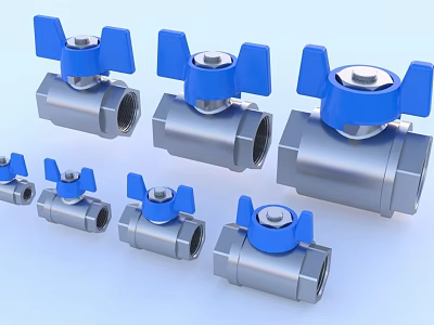 Pipes Featuring Stainless Steel Ball Valves with Blue Handles and Various Sizes 3d model