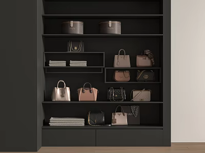 Various Stylish Bags And Boxes Displayed On Black Shelves With Folded Fabrics 3d model
