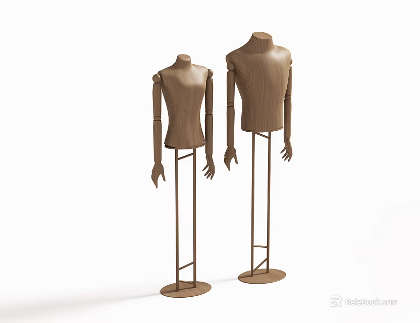 Wooden Human Body Mannequins Standing On Metal Stands Against White Background 3d model 