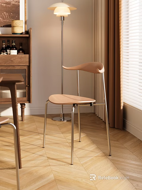 Modern Dining Chair With Curved Wooden Backrest Seat And Metal Legs By Window 3d model 