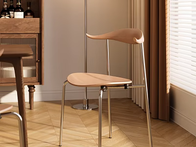 Modern Dining Chair With Curved Wooden Backrest Seat And Metal Legs By Window 3d model