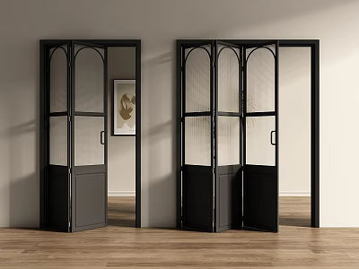 Modern Black Frame Glass Folding Doors In Interior With Wooden Floor And Wall Art 3d model