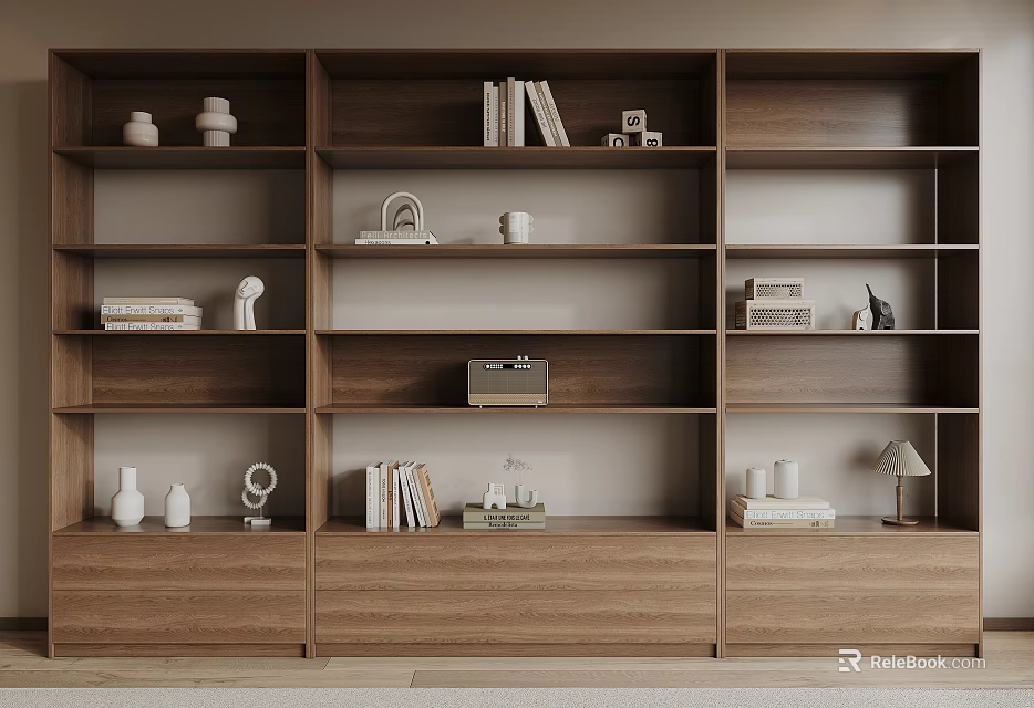Modern Walnut Bookcase With Multiple Shelves Books Decorative Items And Storage Cabinets 3d model 