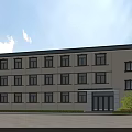 Modern Office Building Exterior With Light Beige Facade Black Window Frames And Green Shrubs