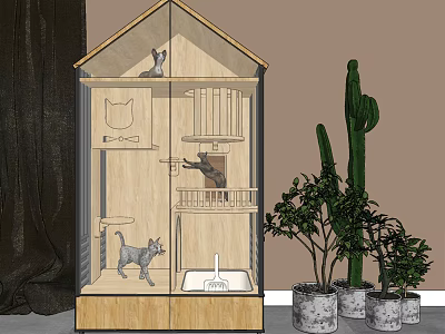 Wooden Cat House With Cats Litter Box And Potted Cactus Plants 3d model