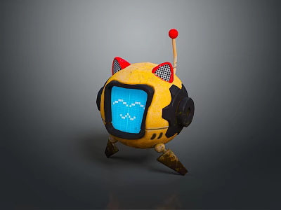 Cute Robot Cat Game Character With Yellow Spherical Body Red Ears And Pixel Smile Screen 3d model