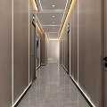 Modern Hotel Corridor With Wooden Walls Polished Marble Floor Room Doors And Recessed Lighting