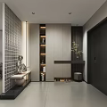 Modern Entryway Hallway Interior Design With Storage Cabinets Tile Wall And Decorative Plant 3d model