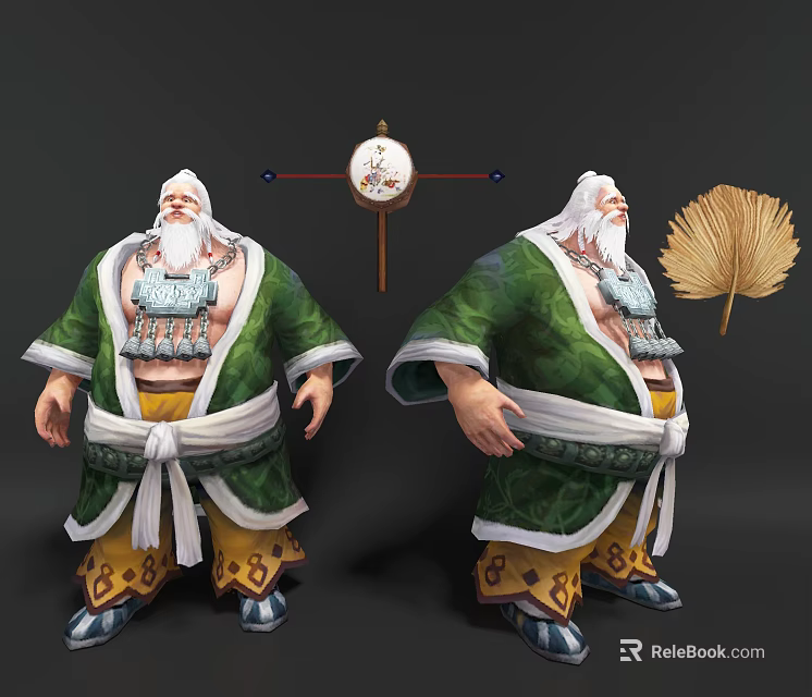 White Bearded Game Character In Green Traditional Robe With Fan And Compass 3d model 