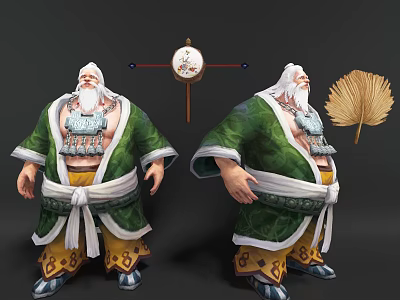 White Bearded Game Character In Green Traditional Robe With Fan And Compass 3d model