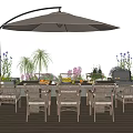 Outdoor Dining Table With Wicker Chairs Large Beige Umbrella And Plants On Wooden Deck