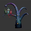 Colorful Fantasy Monsters Sitting On Purple Twisted Tree With Yellow Spots