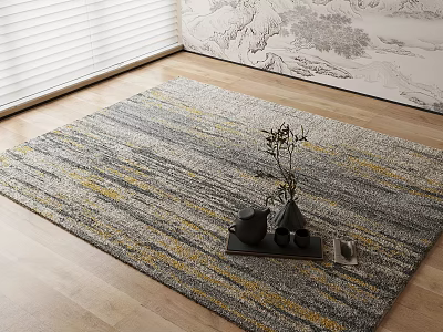 Square Area Rug Gray Yellow Striped with Black Teapot Cups Plant on Wooden Floor 3d model