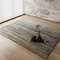 Square Area Rug Gray Yellow Striped with Black Teapot Cups Plant on Wooden Floor