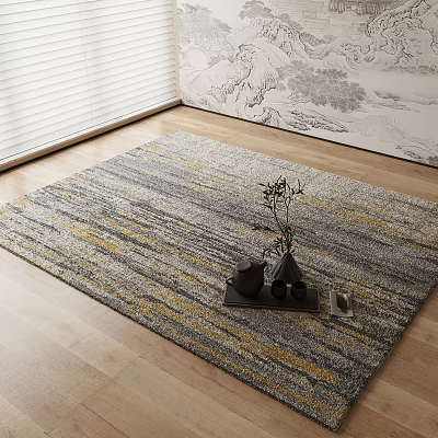 Square Area Rug Gray Yellow Striped with Black Teapot Cups Plant on Wooden Floor 3d model