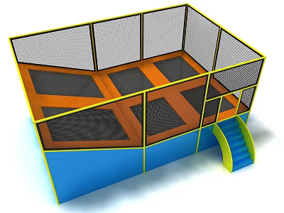 Colorful Trampoline Playground Equipment With Yellow Frame Orange Mat Safety Net And Staircase 3d model