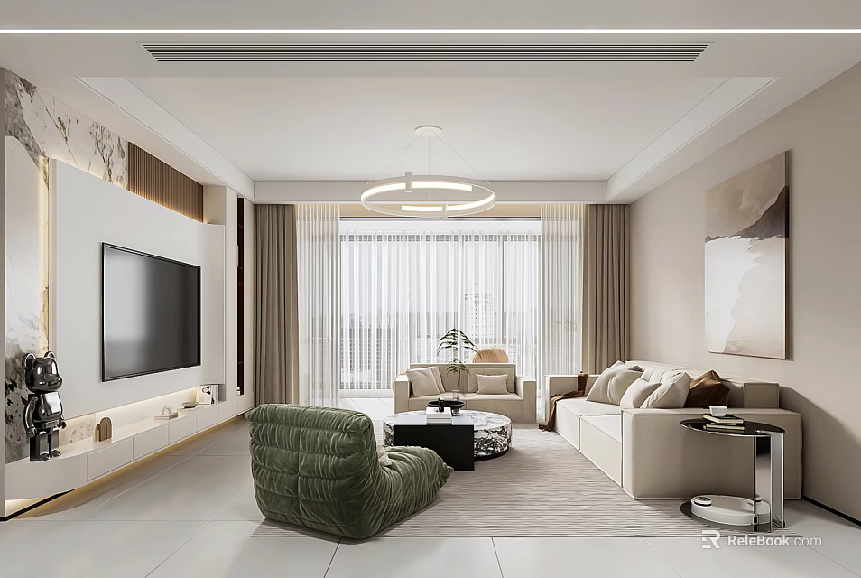 Modern Living and Dining Room Interior With Beige Sofa Green Armchair TV And Decorative Painting 3d model 
