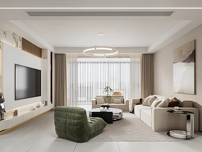 Modern Living and Dining Room Interior With Beige Sofa Green Armchair TV And Decorative Painting 3d model