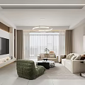 Modern Living and Dining Room Interior With Beige Sofa Green Armchair TV And Decorative Painting