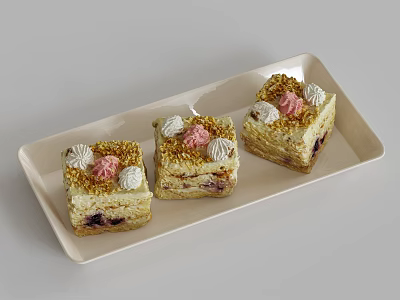 Layered Square Pastries with Cream Toppings Gold Sprinkles and Pink Accents on a Tray 3d model