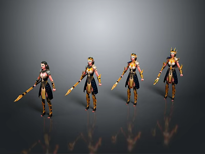 Female Characters Wearing Gold And Black Armor Holding Spears Standing Against Grey Background 3d model