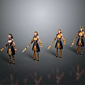 Female Characters Wearing Gold And Black Armor Holding Spears Standing Against Grey Background