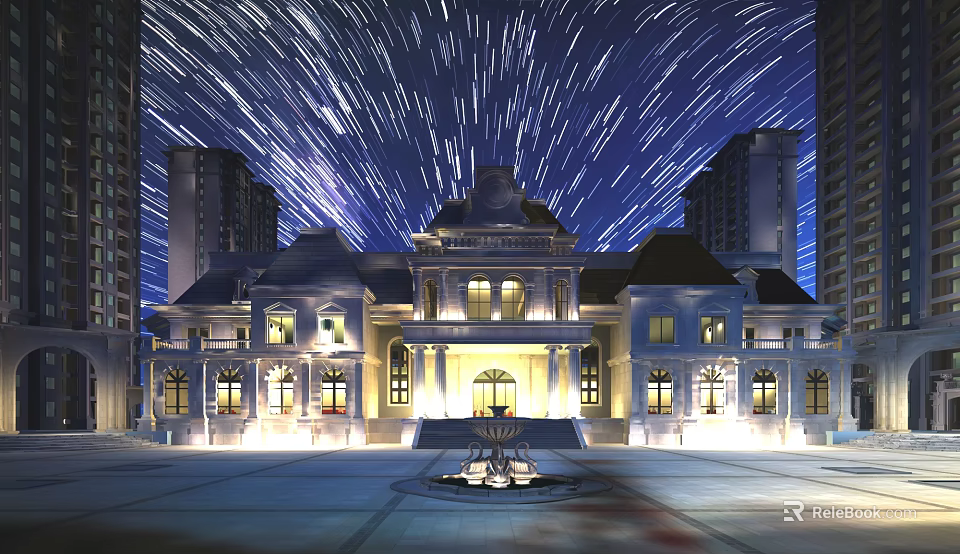Illuminated European Style Entrance Gate With Fountain High Rise Buildings And Star Trails At Night 3d model 