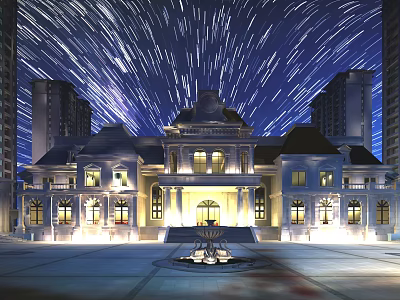 Illuminated European Style Entrance Gate With Fountain High Rise Buildings And Star Trails At Night 3d model