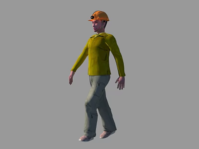 Man Wearing Orange Safety Helmet Yellow Shirt And Gray Pants In Walking Posture 3d model