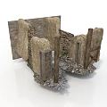 Ancient Stone Wall Fragments With Wooden Posts And Rubble Ground 3d model