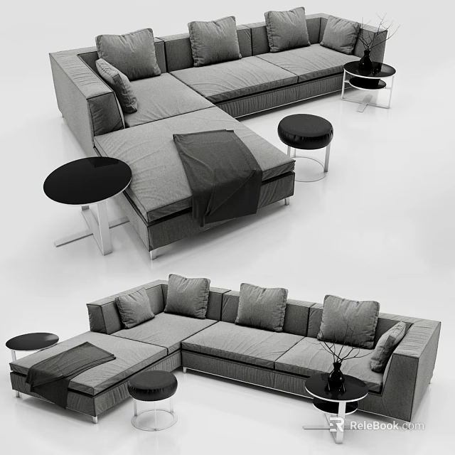 Modern Gray Sectional Sofa With Round Side Tables Pillows And Blanket 3d model