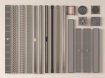 Various Decorative Metal Grilles With Slotted Strips Circular Mesh And Square Panels 3d model