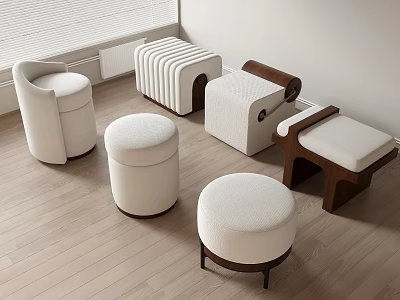 Modern Various Design Stools With White Padded Seats And Wooden Frames In Interior Space 3d model
