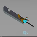 Mechanical Sword Design With Orange Handle Blue Glowing Element And Curved Blade
