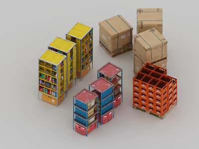 Colorful Multi Tier Display Shelving Units With Stacked Cardboard Boxes For Storage 3d model