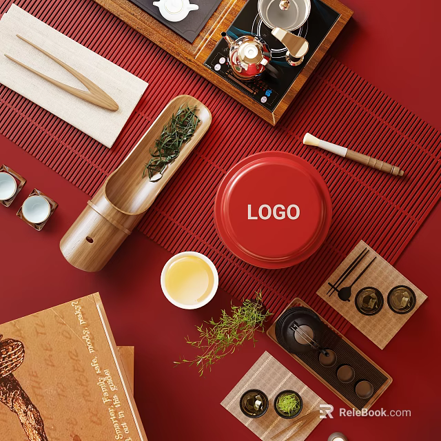 Traditional Chinese Tea Set with Red Ceramic Jar Wooden Spoon Tea Cup and Leaves 3d model 